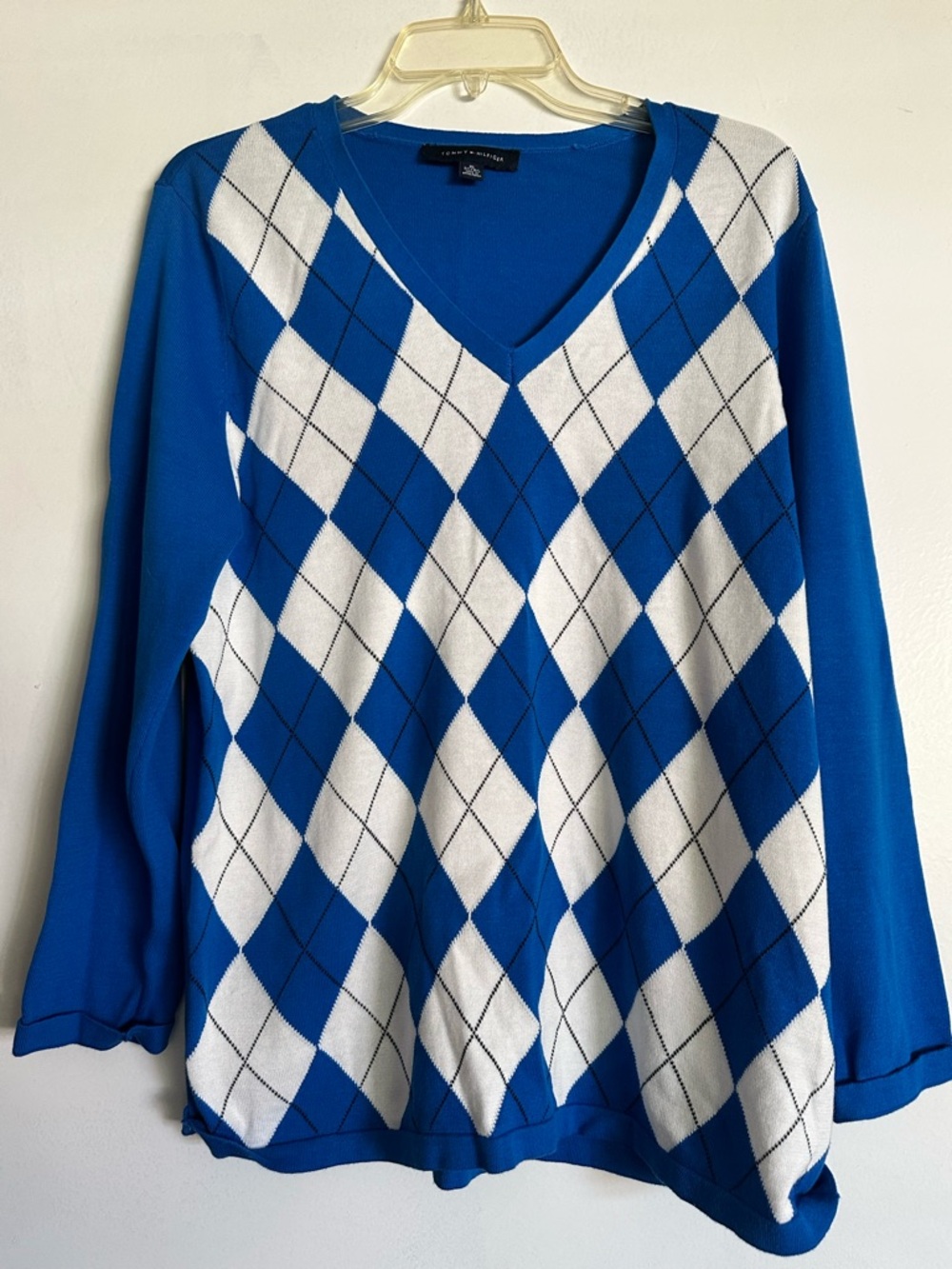 Tommy Hilfiger Blue & White Argyle V-Neck Sweater
